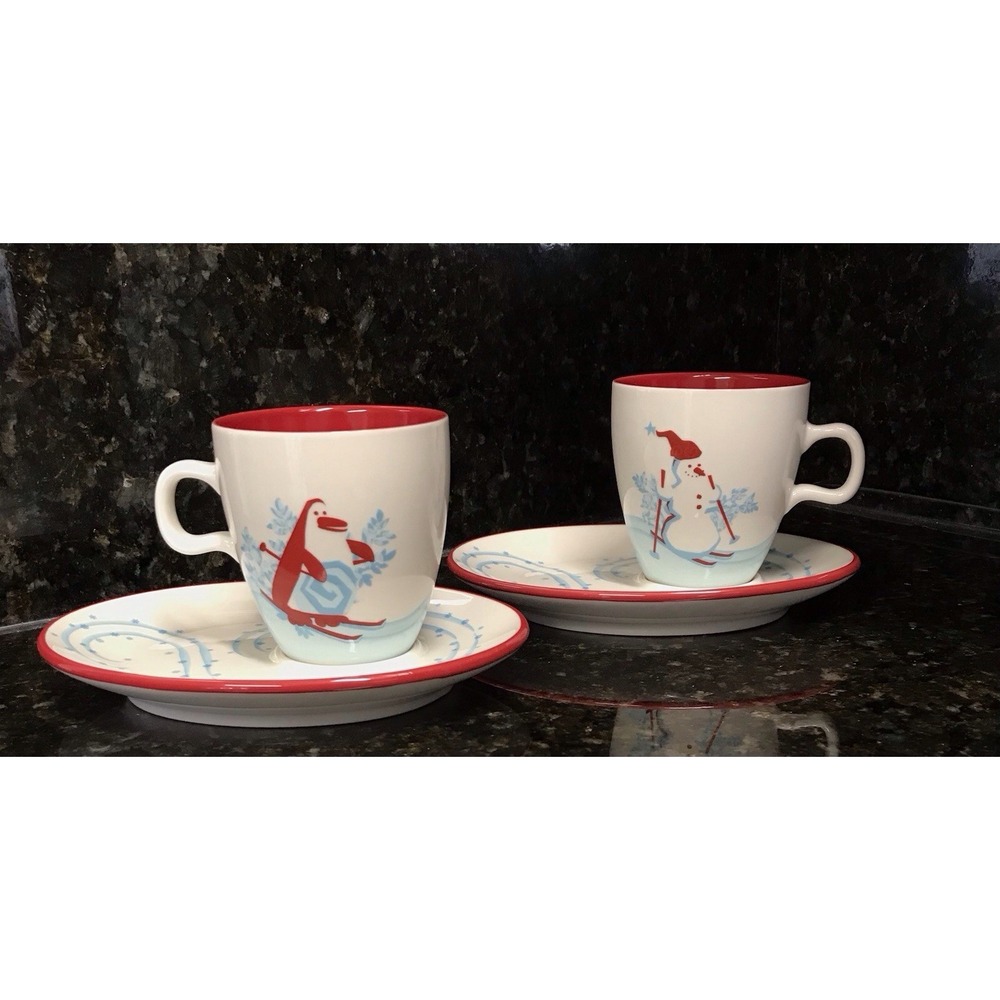 Set of 2 Starbucks 2007 Christmas Coffee Cup & Saucer Holiday‎ Snowman & Penguin